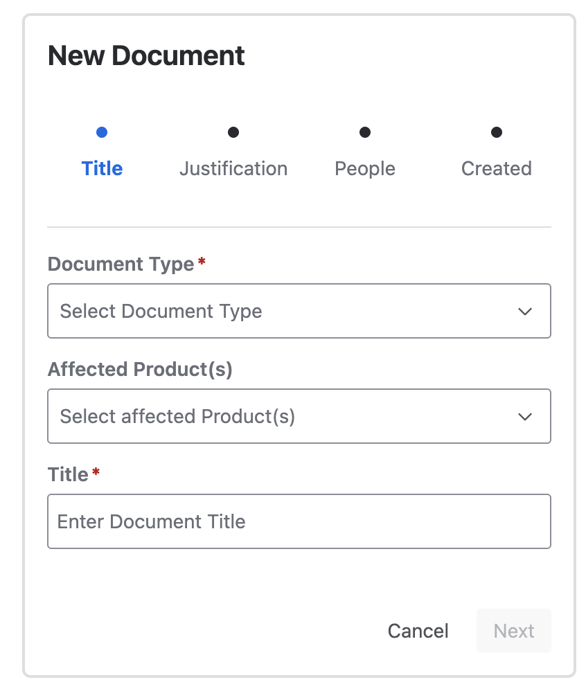 The first wizard step: template, title, and affected products.