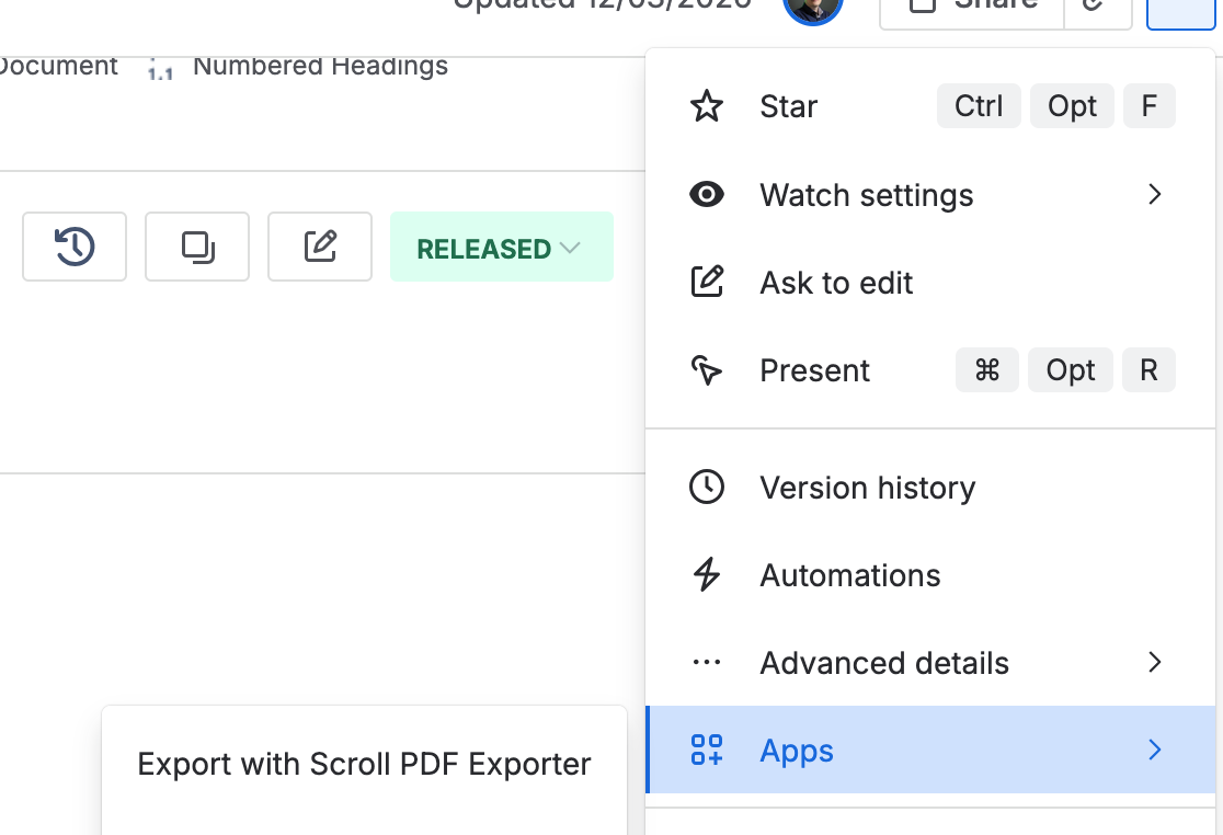 The three-dot menu, with Apps open and the Scroll PDF Exporter entry showing.