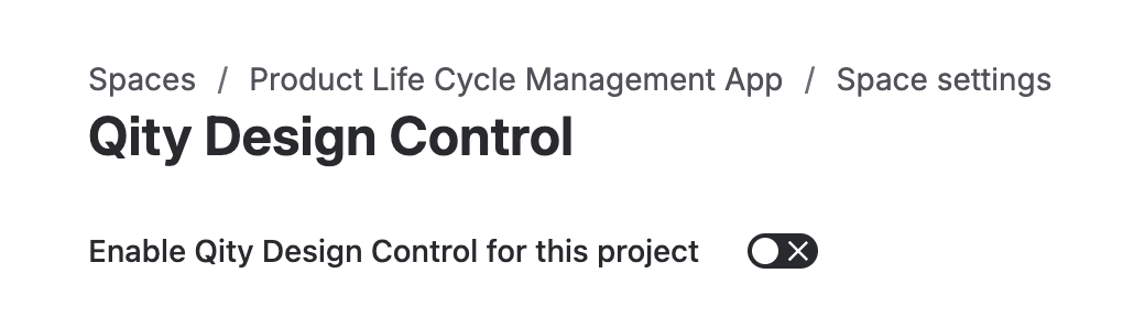 The Qity Design Control settings page with the enable switch still off.