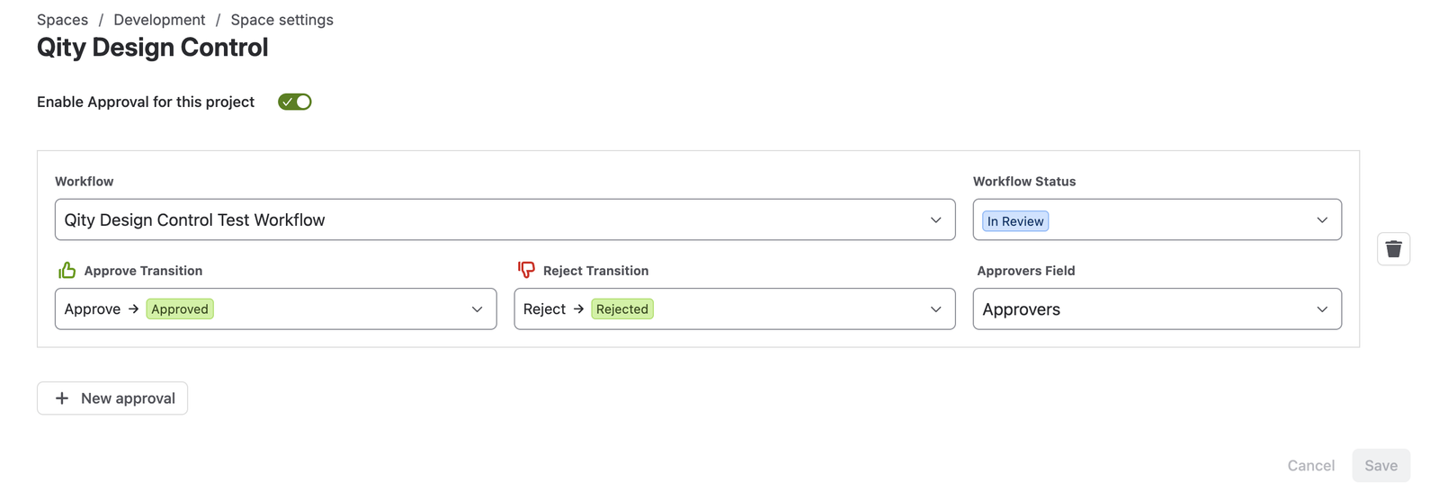 The Approvals page with approvals enabled for the space and one approval set up on the test workflow.