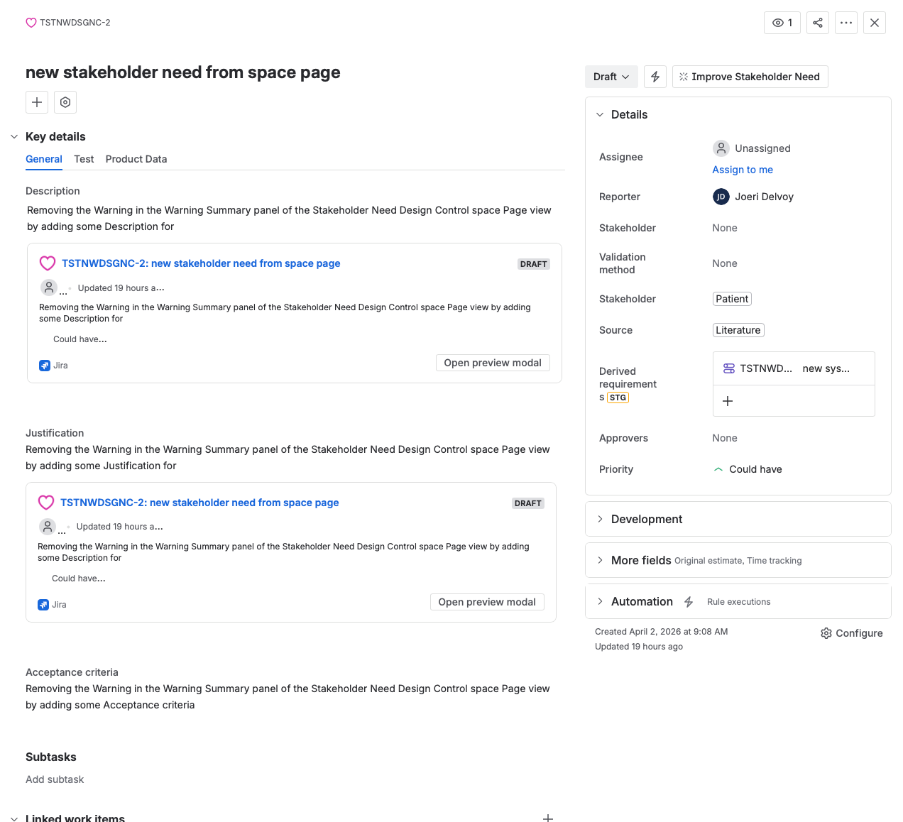 The Stakeholder Need work item, with Description and Justification on the left and Assignee, Stakeholder, Source, Derived requirements, Approvers, and Priority on the details panel at right.