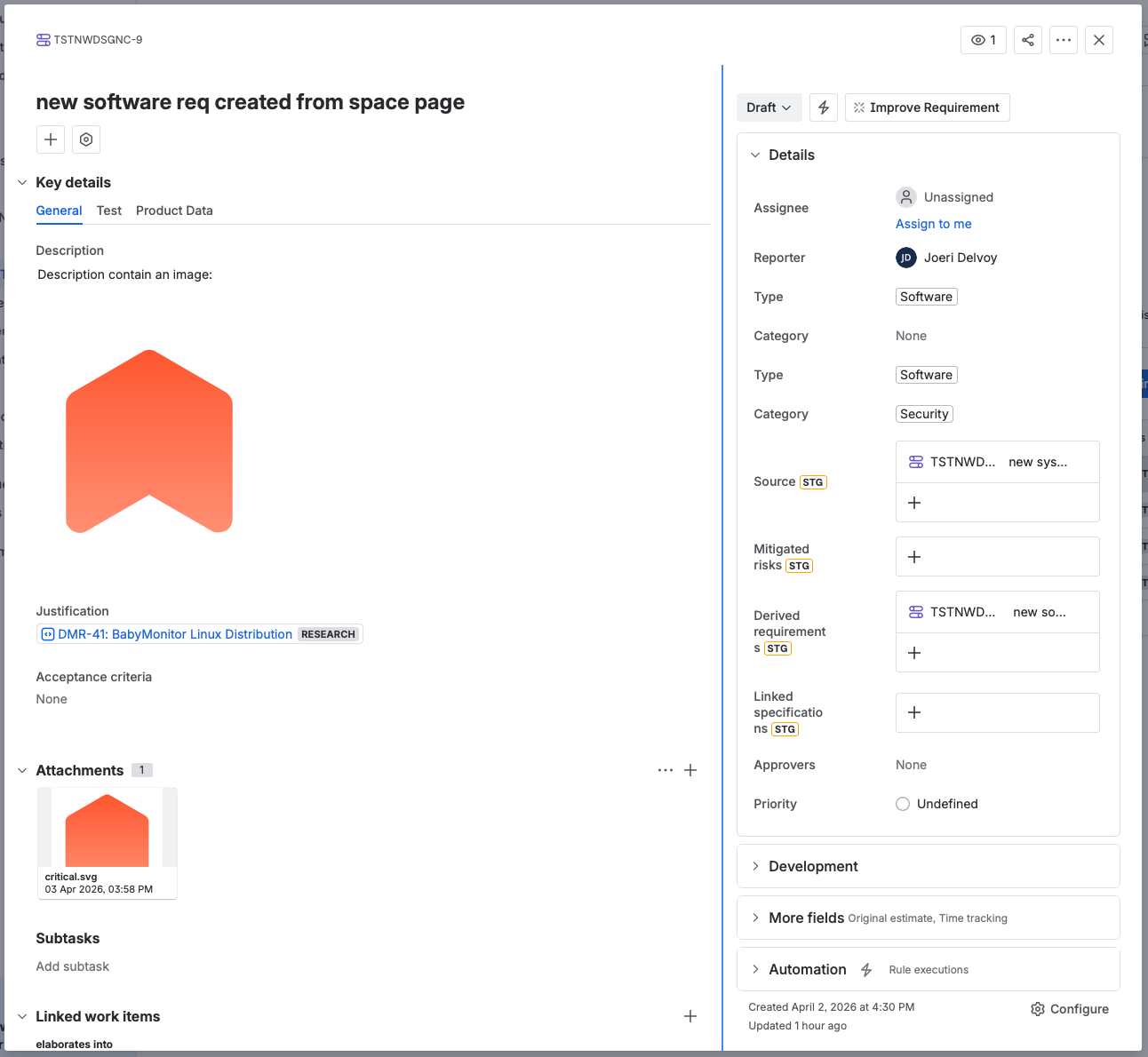 The opened requirement, with its Key details tabs on the left and the Details panel, including Type, Category, Source, and Derived Requirements, on the right.