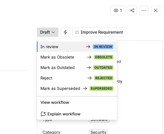 The status menu opened from Draft, offering In review alongside Mark as Obsolete, Mark as Outdated, Reject, and Mark as Superseded.