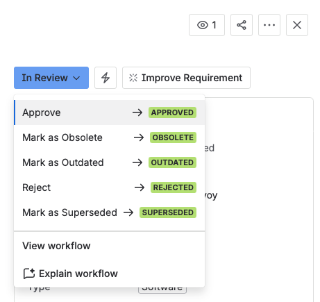 The status menu opened from In review, with Approve at the top of the list, above Mark as Obsolete, Mark as Outdated, Reject, and Mark as Superseded.