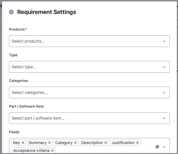 The Requirements macro settings, with Products required, optional Type, Categories, and Part / Software Item filters, and the Fields to include, such as Key, Summary, Category, Description, Justification, and Acceptance criteria.