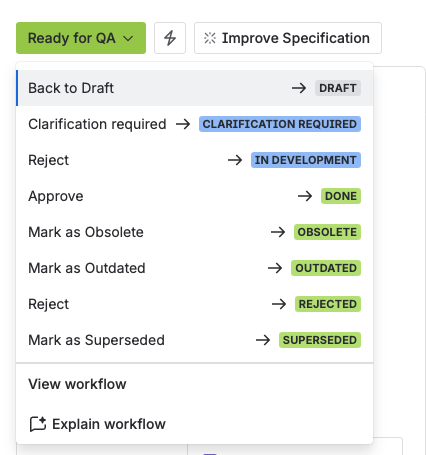 The status menu opened from Ready for QA, offering Approve to Done, Back to Draft, two separate Reject options (one back to In development, one to the terminal Rejected status), and the Outdated, Obsolete, and Superseded transitions.