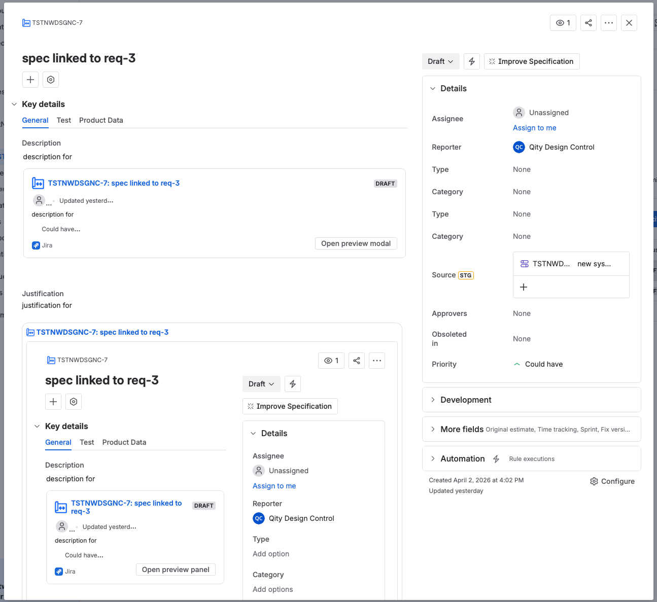 The specification work item, with its General, Test, and Product Data tabs under Key details, and the Details column holding Type, Category, Source, Approvers, Obsoleted in, and Priority.