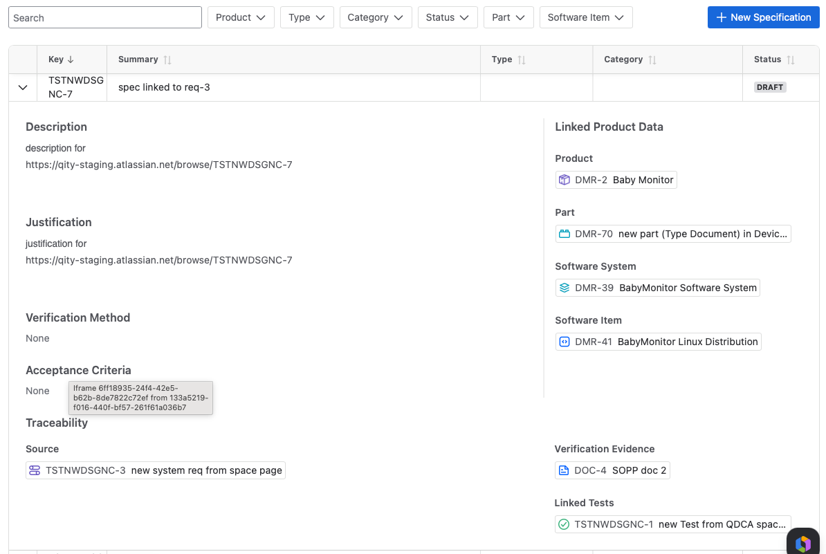 The Specifications table with its filter bar, and one row expanded into the details panel: Description, Justification, Verification Method, and Acceptance Criteria on the left, the Traceability links and Linked Product Data on the right.