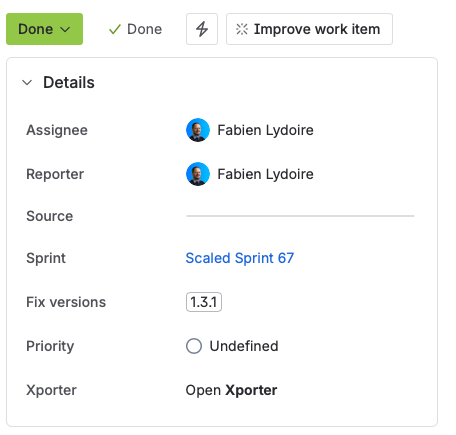 The details panel on a specification, with Fix versions set to 1.3.1 alongside the sprint and priority.