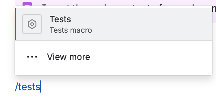 The /tests slash command, with the Tests macro as the suggested match.