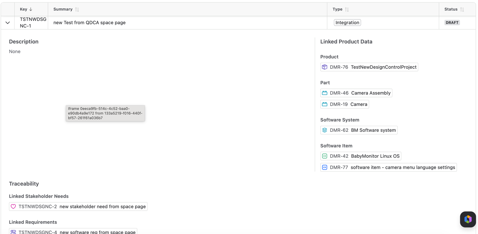 The opened test, showing its Description, Linked Product Data, and the start of its Traceability section.