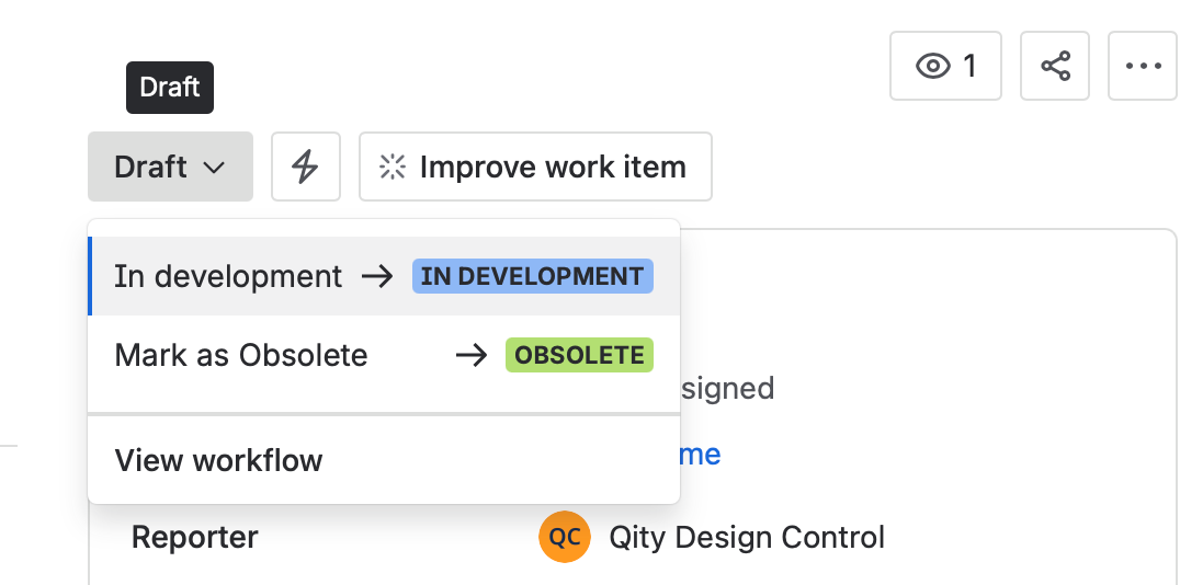 The status dropdown on a Draft test, with In development and Mark as Obsolete as the two available transitions.