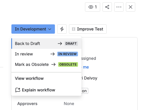 The status dropdown on a test In Development, with In review, Back to Draft, and Mark as Obsolete as the available transitions.