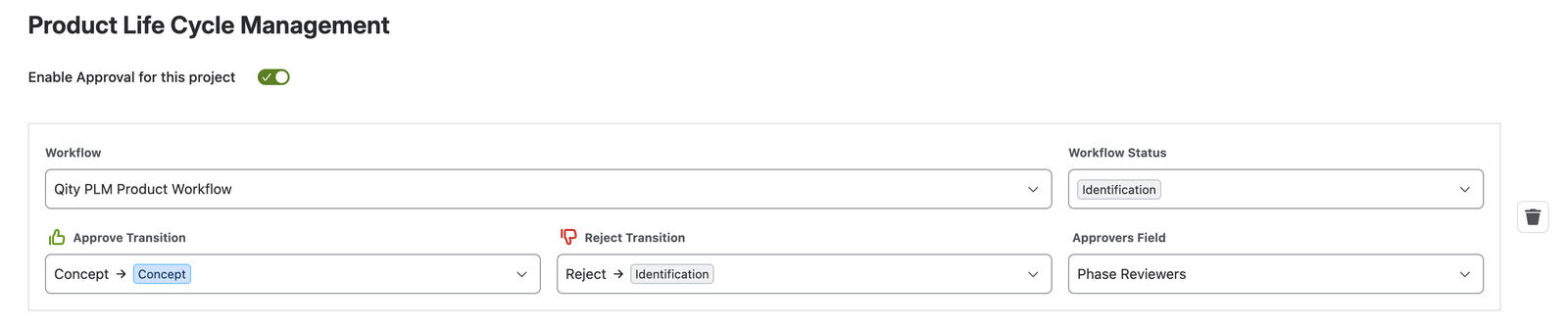 The approvals configuration, with one rule on the Qity PLM Product Workflow: at the Identification status, approving moves the product to Concept and rejecting returns it to Identification, using the Phase Reviewers field.