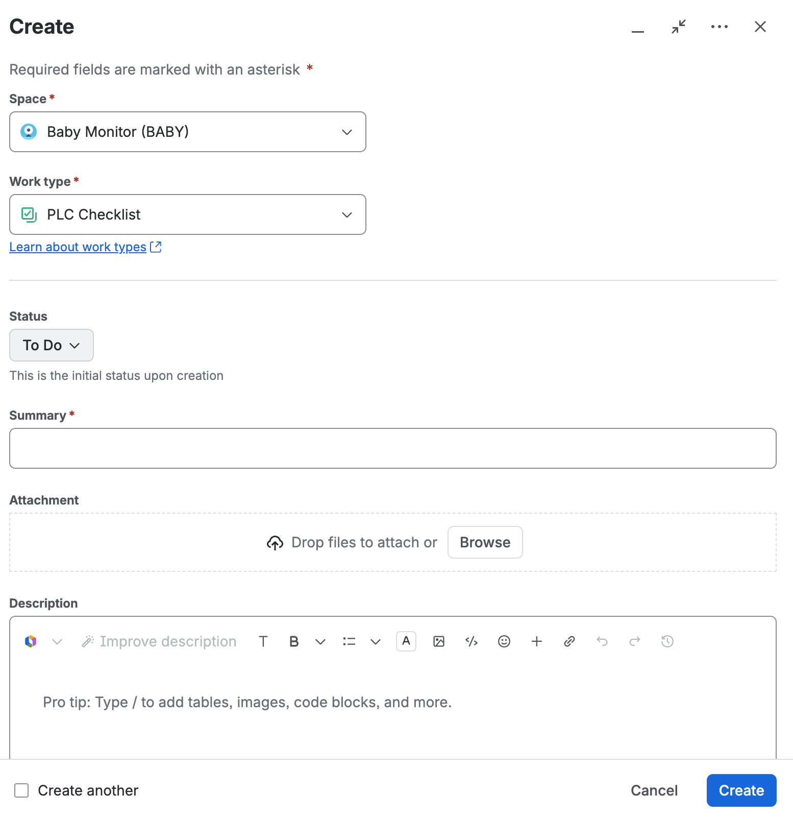 The create dialog with the work type set to PLC Checklist and the status showing To Do, labelled as the initial status upon creation.