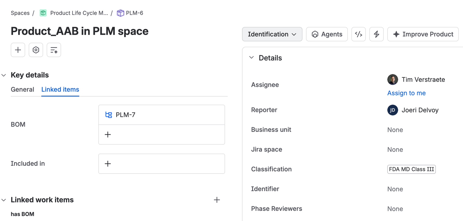 A product work item in Identification, with its linked bill of materials on the left and the details panel showing business unit, Jira space, classification, identifier, and phase reviewers.