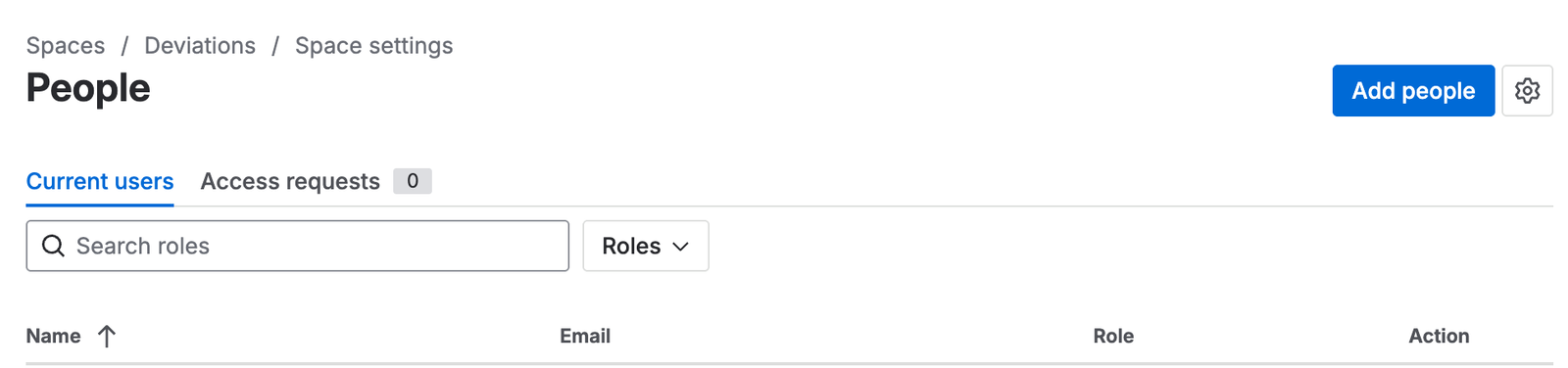 The People page in a space’s settings, on the Current users tab, with Add people at the top right and a Role column for each user.