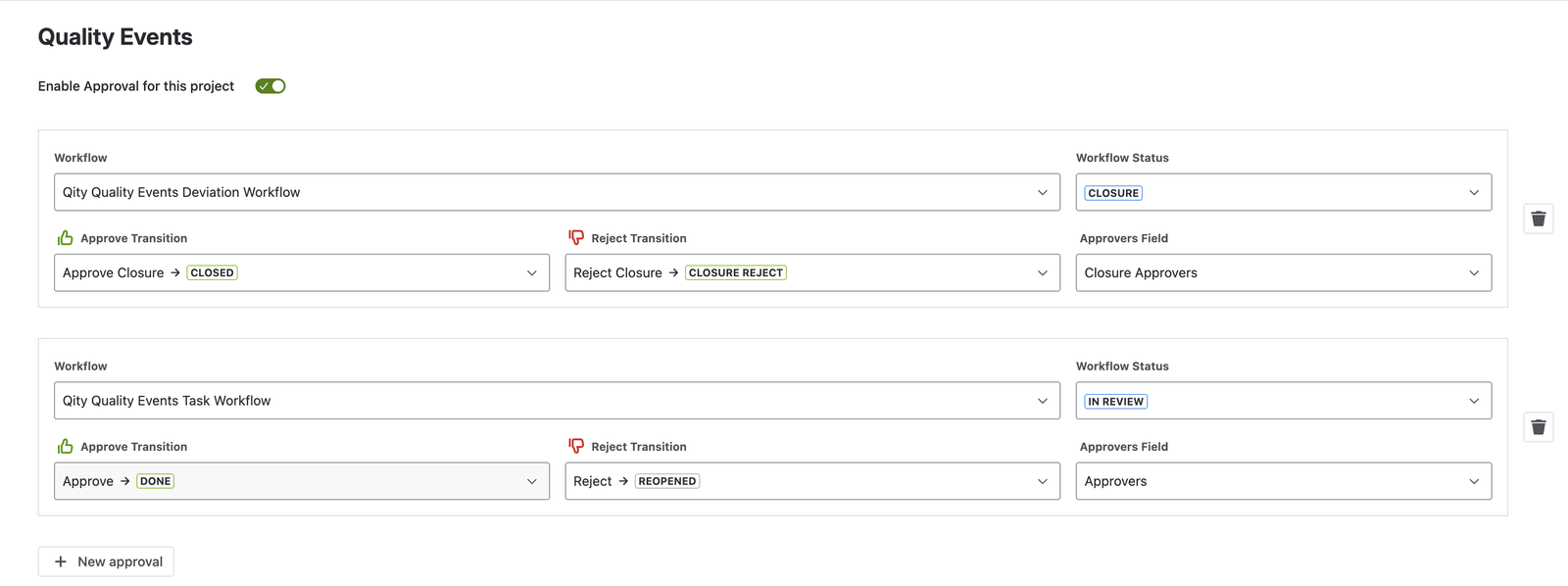 Two approval rules for a space: one on the Deviation workflow’s Closure status, one on the Task workflow’s In review status, each with an approve transition, a reject transition, and an approvers field.
