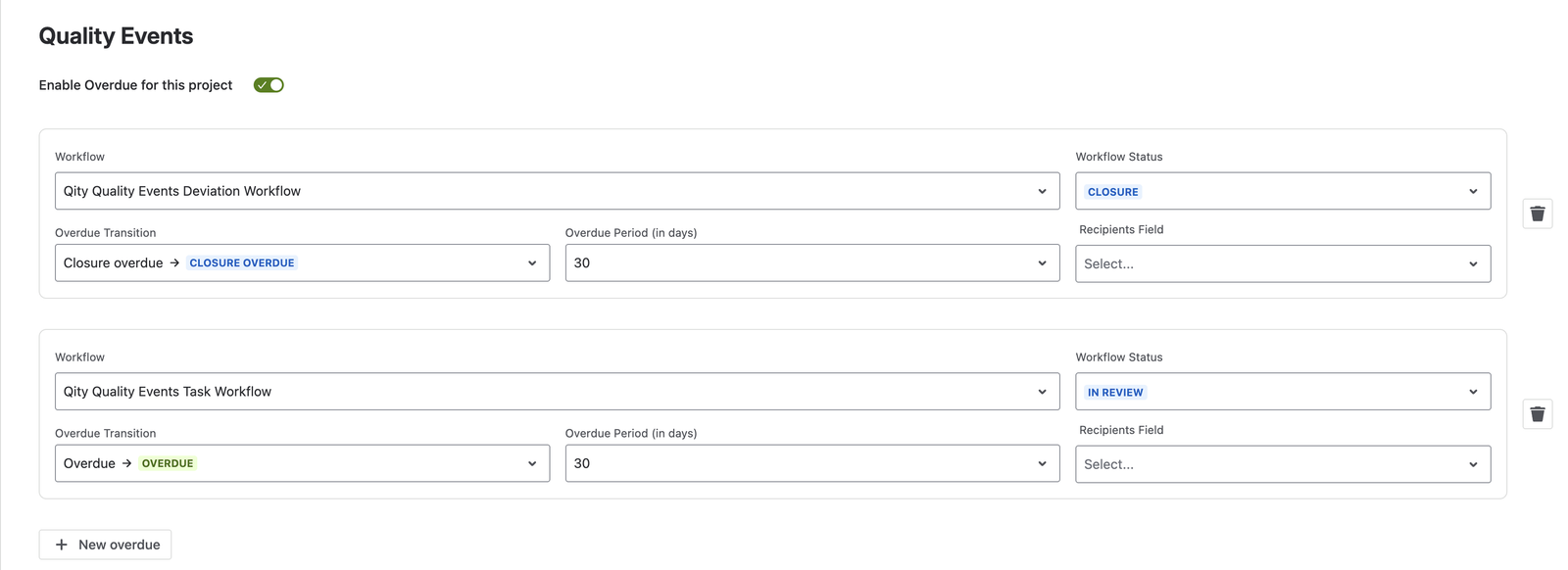 Two overdue rules for a space: one on the Deviation workflow’s Closure status, one on the Task workflow’s In review status, each set to a 30-day period with an overdue transition and a recipients field.