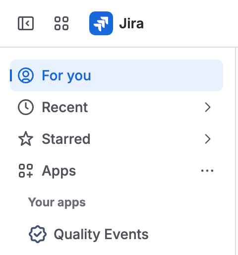 The Jira Apps menu open from the side menu, with Quality Events listed under Your apps.