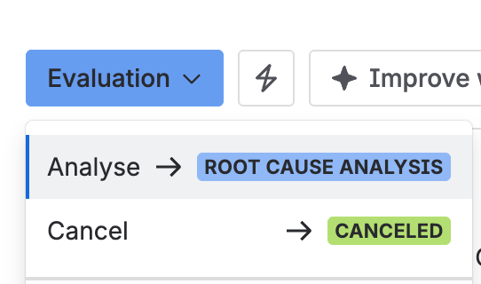 The status menu, moving the CAPA from Evaluation to Root cause analysis, with Cancel as the other option.