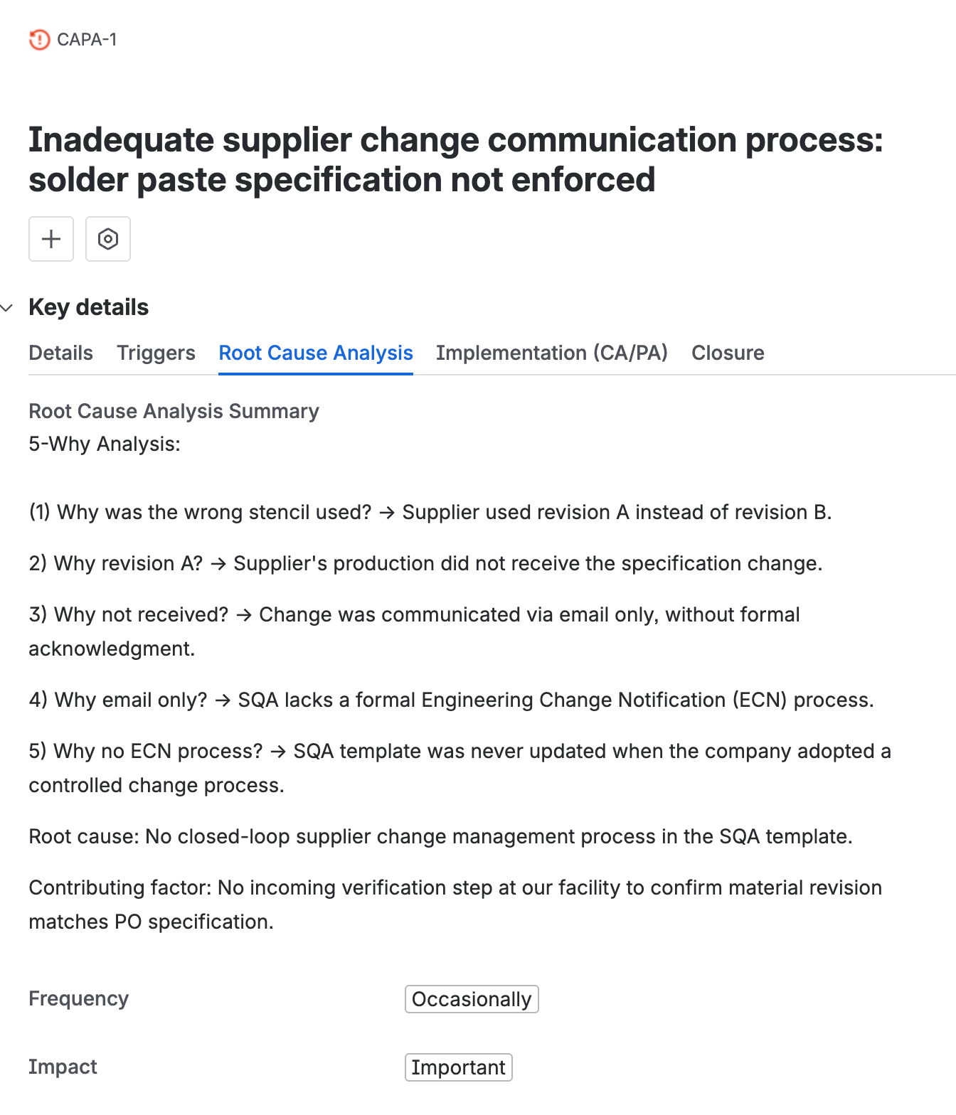 The root cause analysis tab, with a 5-Why analysis filled in under root cause analysis summary, and the frequency and impact fields below it.