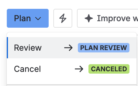 The status menu, moving the CAPA from Plan to Plan review.