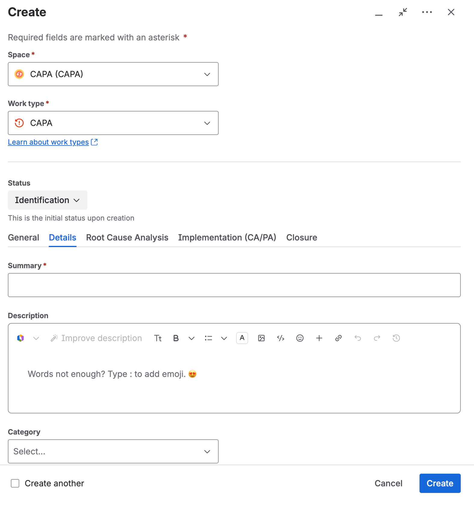 The create dialog, with the CAPA (CAPA) space, the CAPA work type, the initial status Identification, and the summary and description fields.