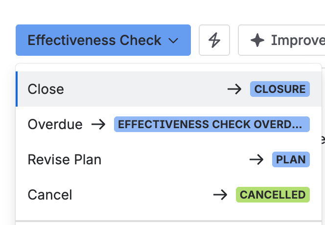 The status menu on a CAPA in Effectiveness check, with Close, Overdue, Revise plan, and Cancel as the options.