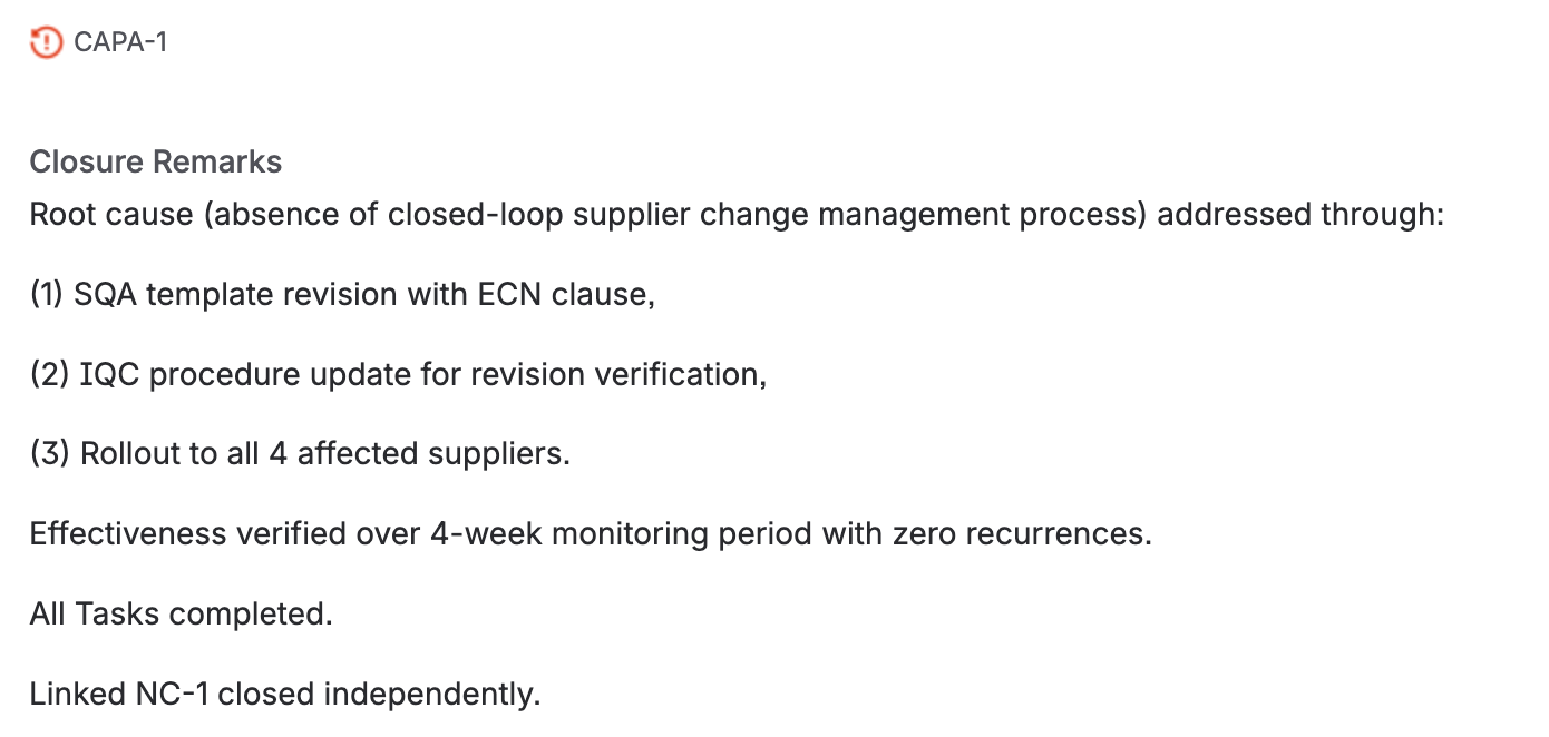 The closure remarks field, filled in with a summary of the root cause fix and the effectiveness result.