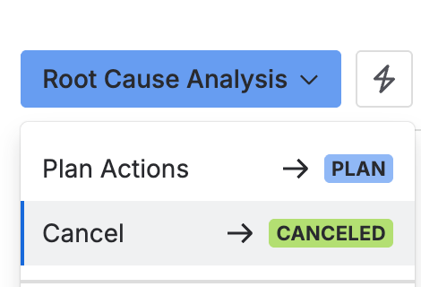 The status menu on a CAPA in Root cause analysis, with Cancel available alongside Plan actions.