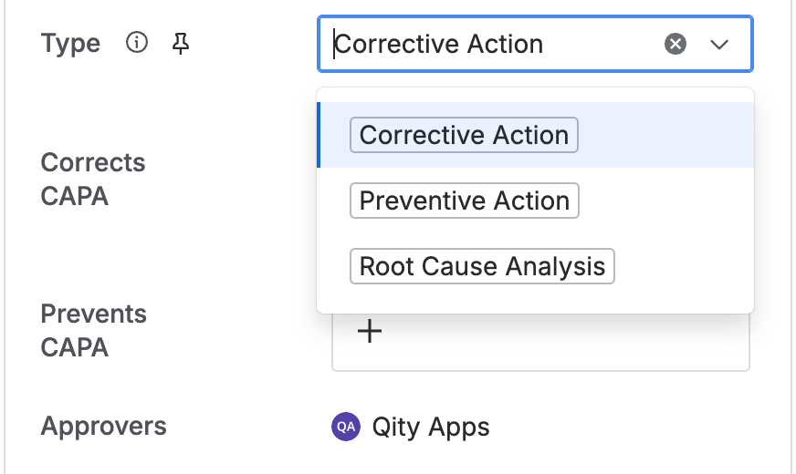 The task’s type field, with Corrective action, Preventive action, and Root cause analysis as the options, plus the corrects and prevents CAPA links and the approvers field.