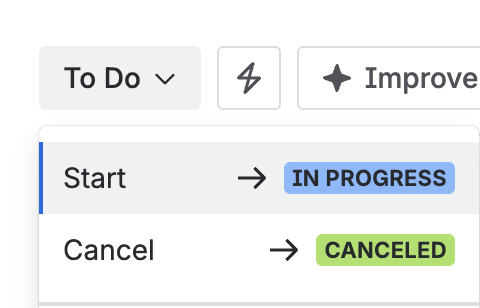 The status menu on a task, with Start moving it from To do to In progress.