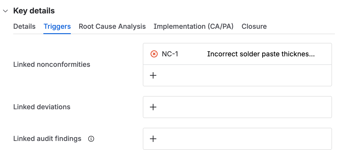 The triggers tab, with a nonconformity already linked, and empty link fields for deviations and audit findings.