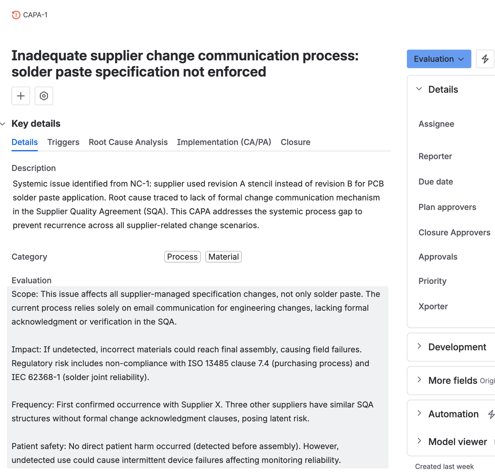 The CAPA’s details tab, with the category set and the evaluation field filled in with the scope, impact, frequency, and patient safety assessment.