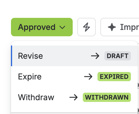 The status menu on an approved concession, with Revise highlighted as the transition back to Draft.