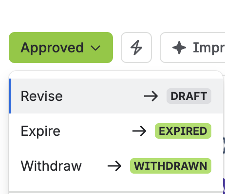The status menu on an approved concession, listing the Revise, Expire, and Withdraw transitions.