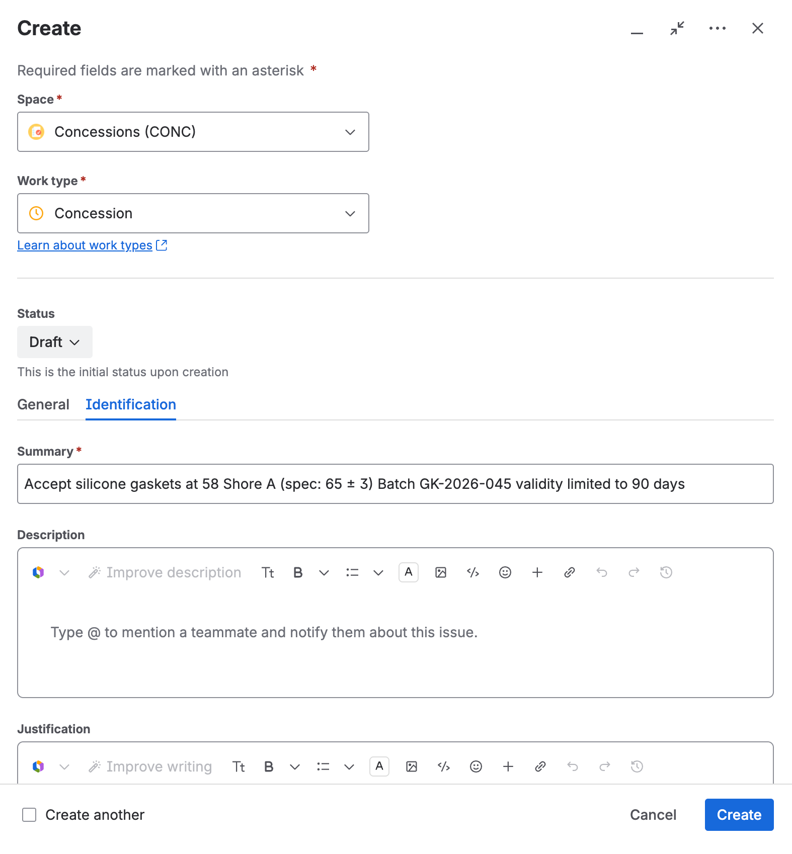 The create dialog for a concession, with the work type set and the summary entered.