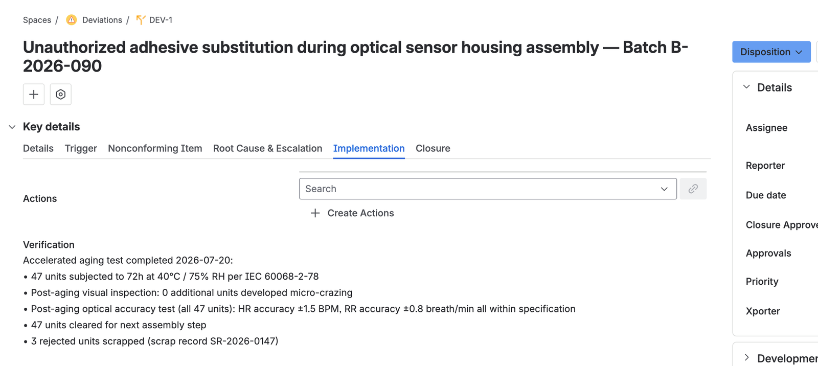 The implementation tab, with the verification of the disposition work filled in.