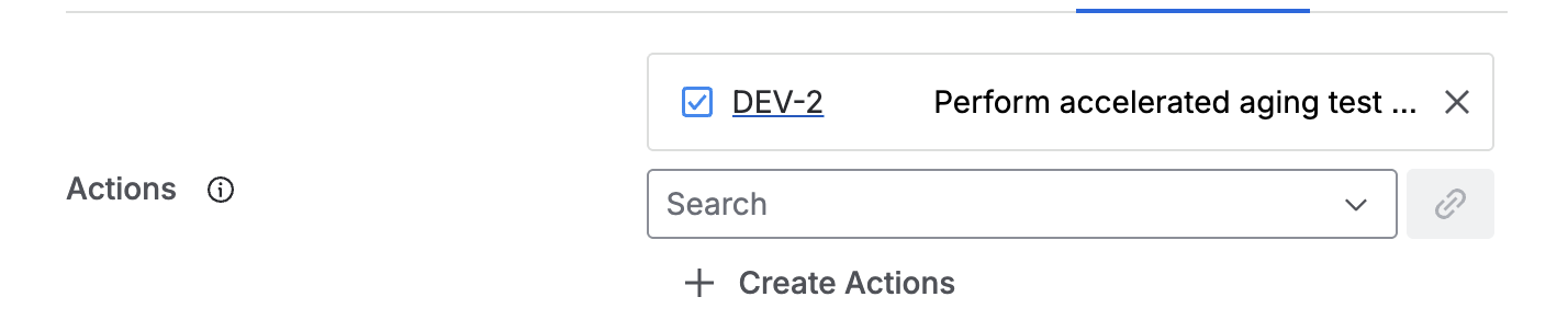 The Actions field on the deviation, linked to a task, with a search box and a button to create another.