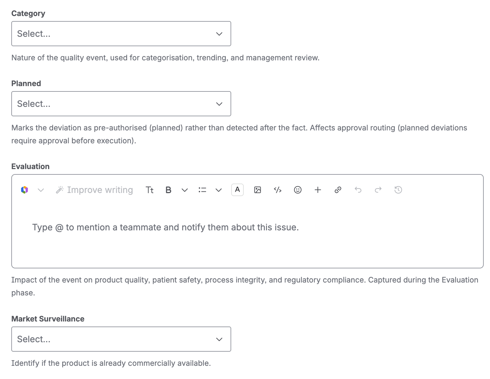 The category, planned, evaluation, and market surveillance fields, each with a short field description.