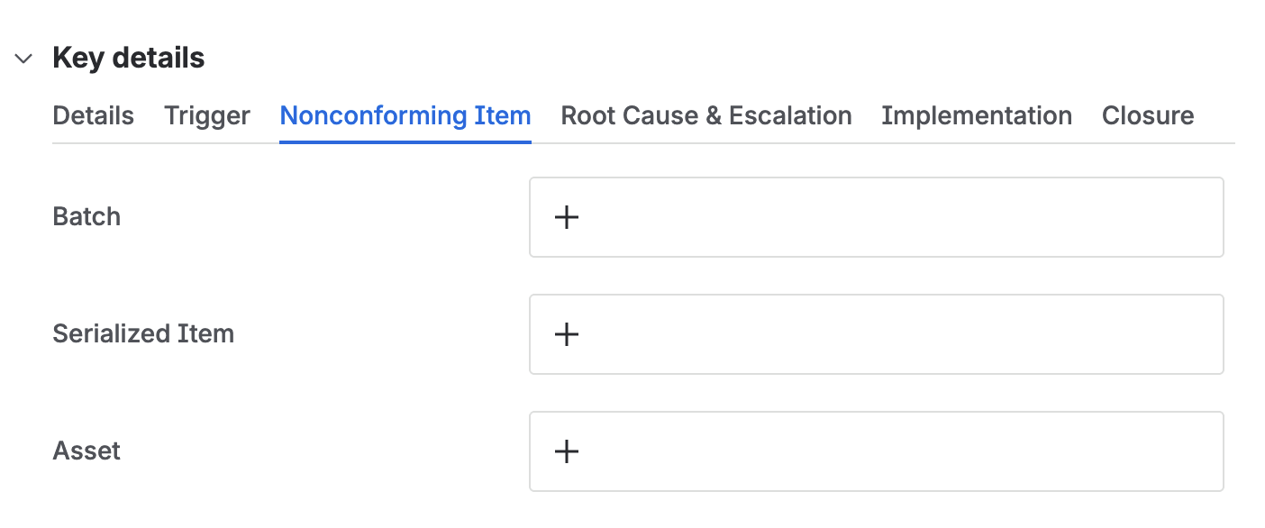 The nonconforming item tab, with link fields for a batch, a serialized item, and an asset.