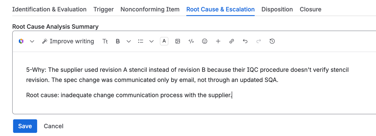 The Root Cause & Escalation tab, with the root cause analysis summary field open for editing.