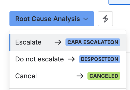 The status menu on a nonconformity in Root cause analysis, with Escalate, Do not escalate, and Cancel as the available transitions.