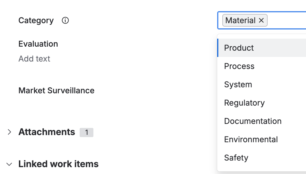 The category dropdown, open to Product, Process, Material, System, Regulatory, Documentation, Environmental, and Safety, with the evaluation and market surveillance fields below it.