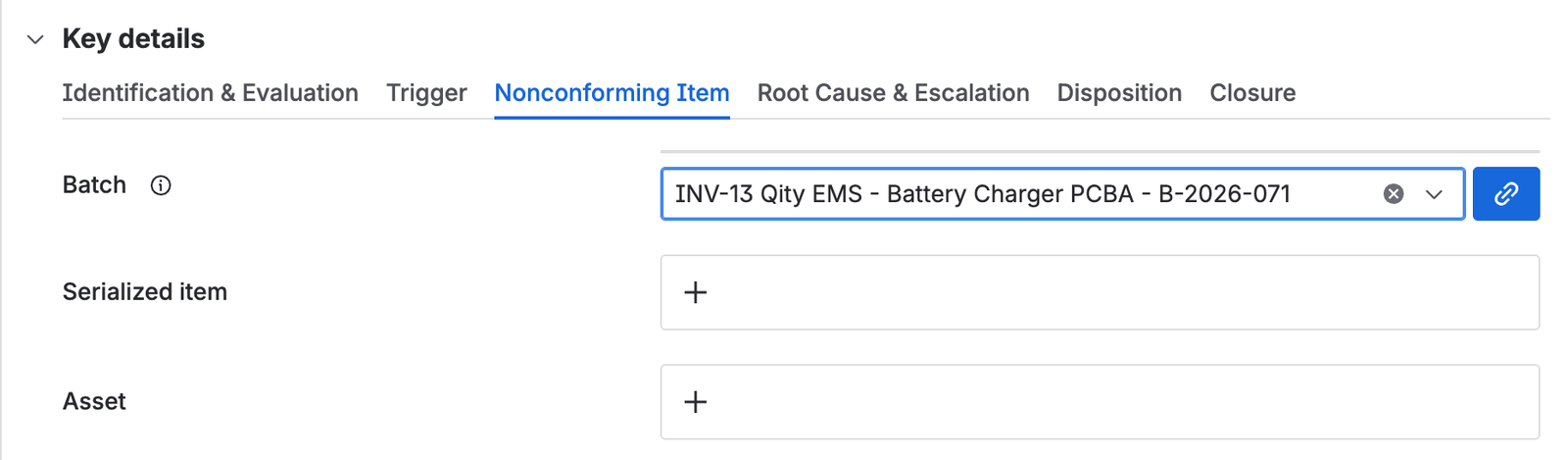 The Nonconforming Item tab, with link fields for the batch, a serialized item, and an asset.