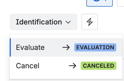 The status menu on a nonconformity in Identification, with Evaluate and Cancel as the available transitions.