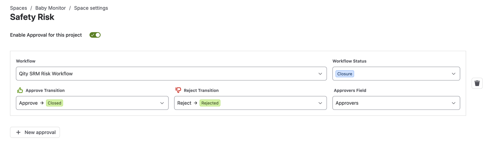 The approvals configuration, with approval enabled for the space and one rule on the Qity SRM Risk Workflow: at the Closure status, Approve moves the risk to Closed and Reject moves it to Rejected, using the Approvers field.