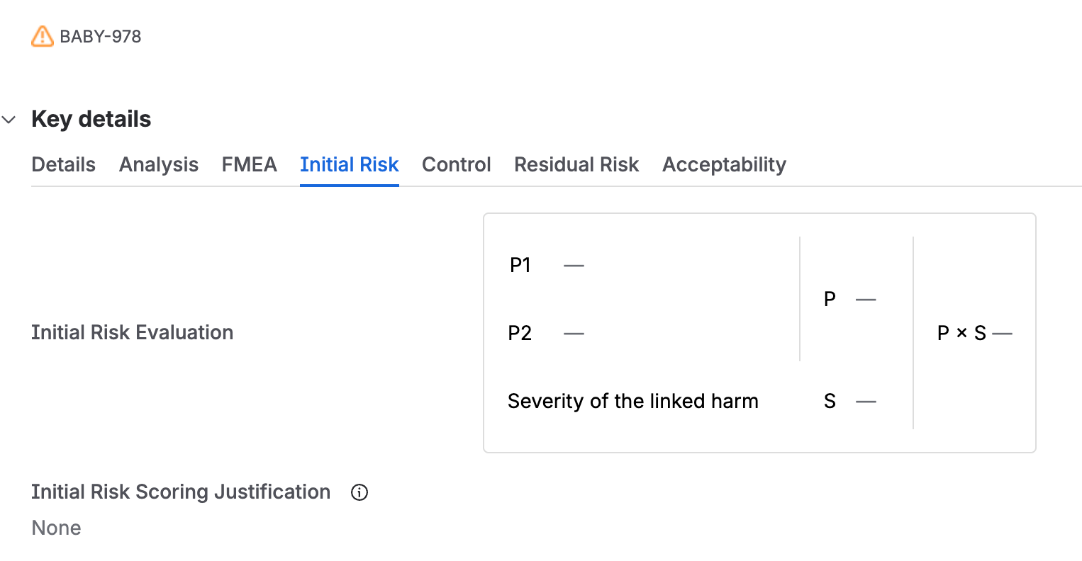 The Initial Risk tab, showing P1 and P2 combining into P, the severity of the linked harm as S, and the risk level as P times S, with the scoring justification below.