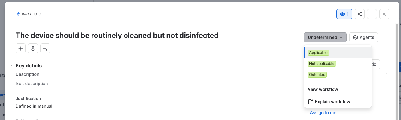 A safety characteristic open at Undetermined, with its description and justification on the left and the status dropdown offering Applicable, Not applicable, and Outdated.